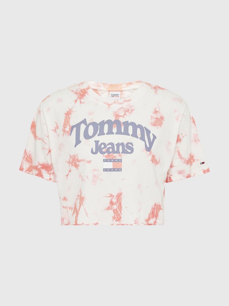 Női Tommy Hilfiger Cropped Tie-Dye Logo Póló Piros Fehér | HU 439HAP